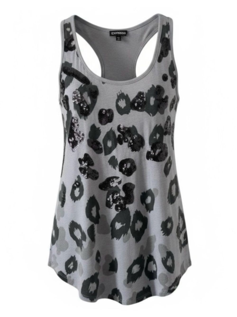 Express Black and Grey Sequin Leopard Print Scoop Neck Tank Top Size Small